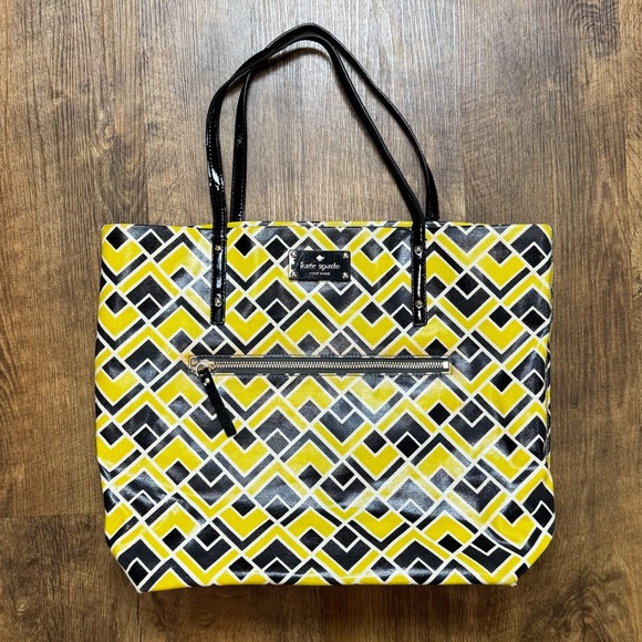 Kate Spade Bon Shopper Tote Flicker Fabric Yellow Black Print Shoulder Bag - Picture 2 of 16